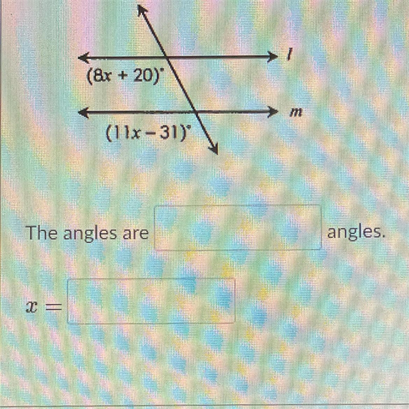 If l || m, determine what type of angles they are and find the value of x.-example-1