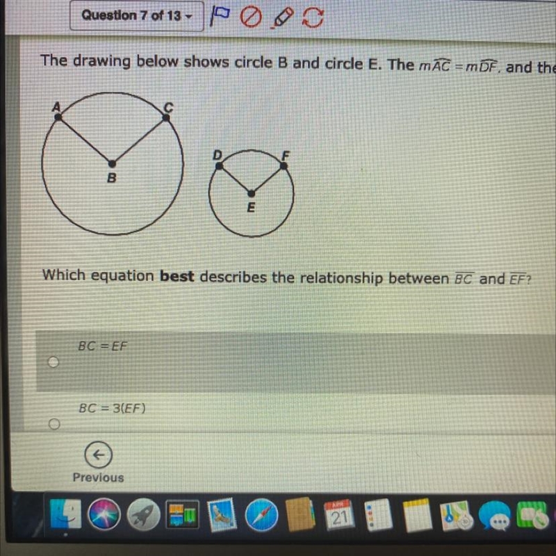 The drawing below shows circle B and circle E. The MAC = m DF, and the length of AC-example-1