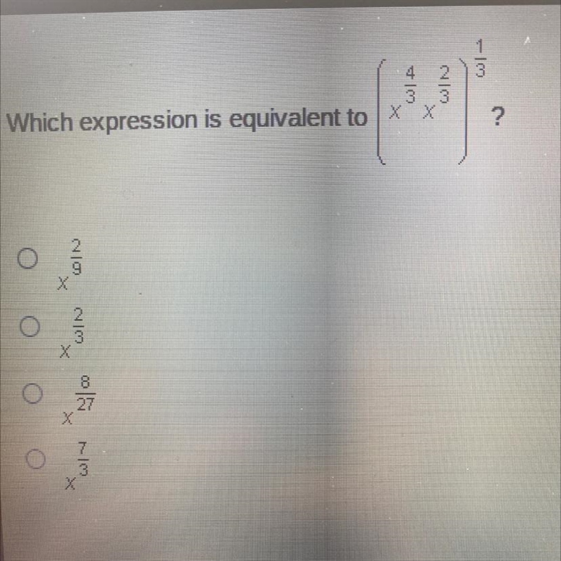 Which expression is equivalent to ( x4/3 x2/3 )1/3 ?-example-1