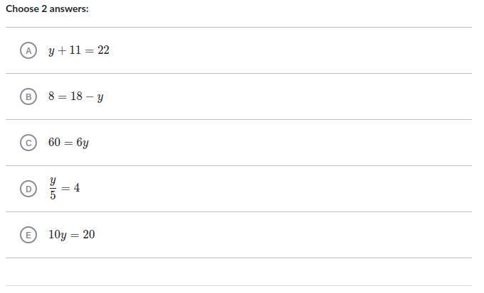 Select all the equations where y=10y=10y, equal, 10 is a solution.-example-1