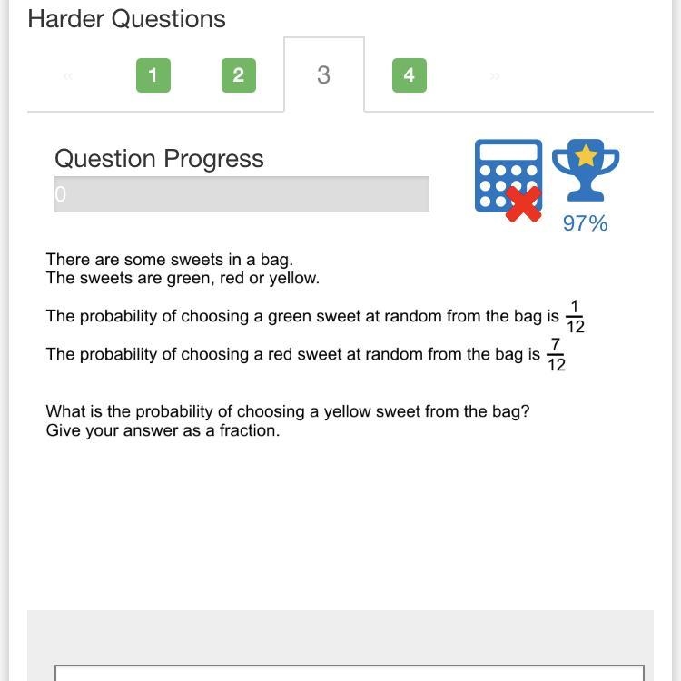 The probability of choosing a green sweet at random from the bag is 1/12. Please see-example-1