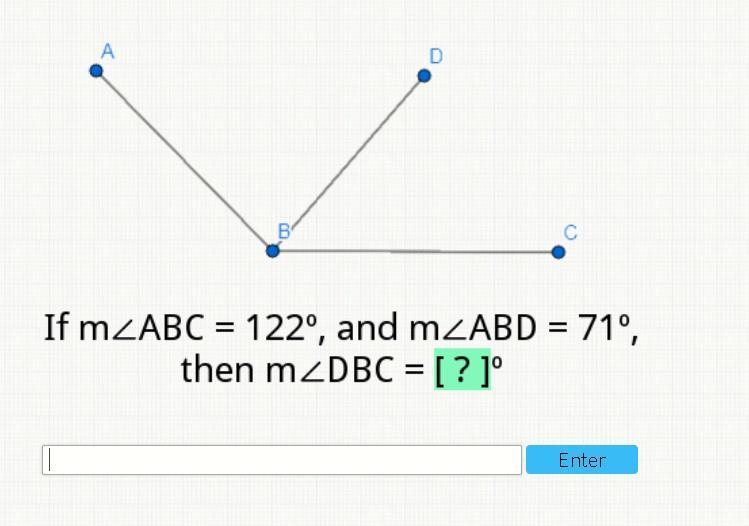 If m ABC=122 and m ABD=71 then m DBC =-example-1