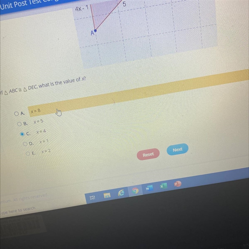 If A ABC=ADEC, what is the value of x? A. x = 8 OB. x= 5 O C. x = 4 OD. x = 1 E. x-example-1