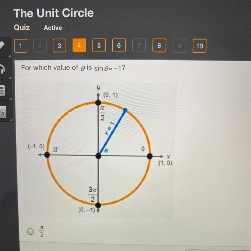 For which value of ø is sin ø= -1? A. Pi/2 B. Pi C. 3x/2 D. 2x-example-1