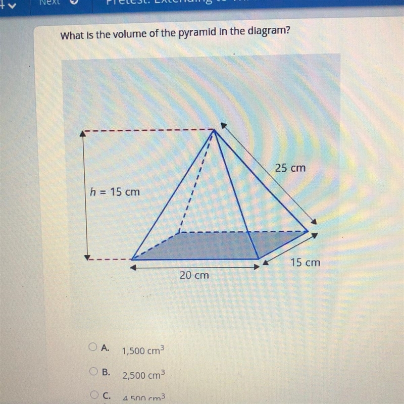 What is the volume of the pyramid in the diagram? 25 cm h = 15 cm 15 cm 20 cm 1,500 cm-example-1