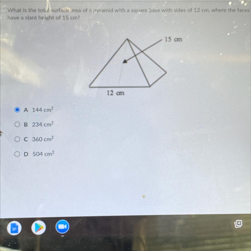 Ion What is the total surface area of a pyramid with a square base with sides of 12 cm-example-1