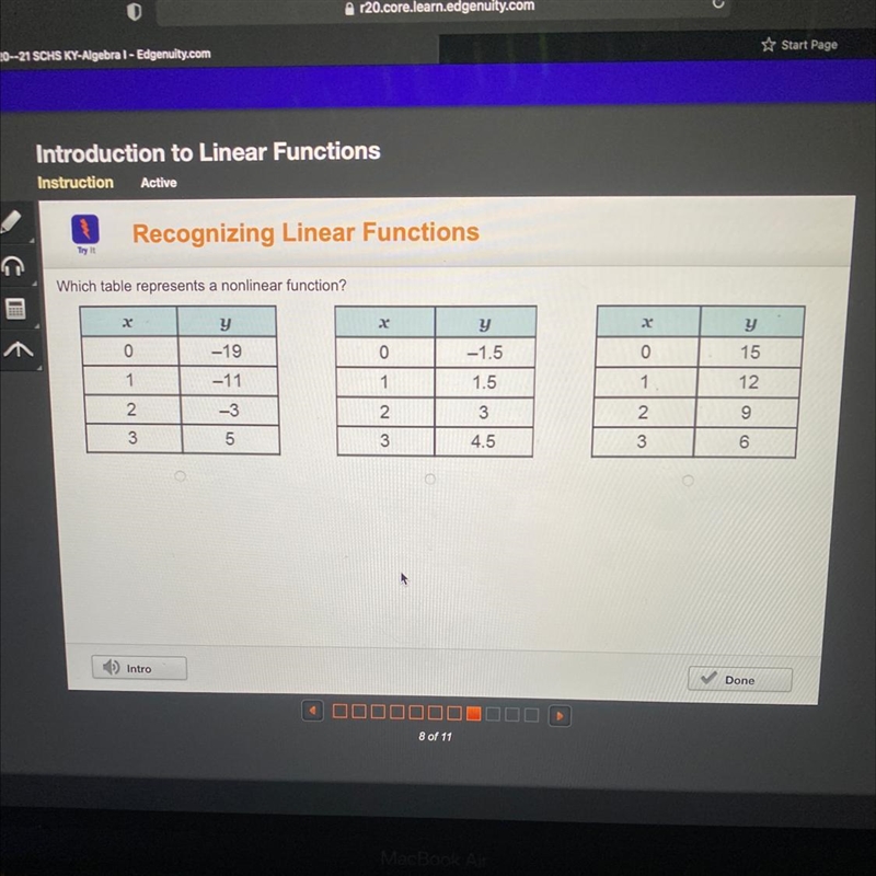 Which table represents a nonlinear function? ASAP-example-1