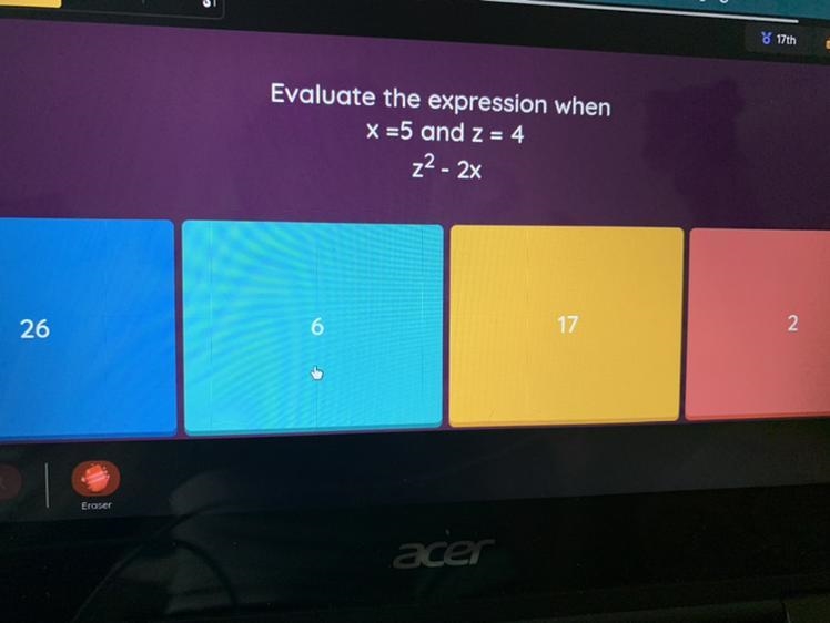 Evaluate the expression when x =5 and z = 4 z² - 2x-example-1