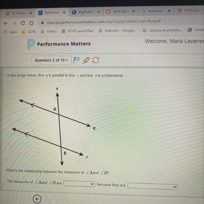 In the image below, line q is parallel to liner, and line s is a transversal. D 9 B-example-1