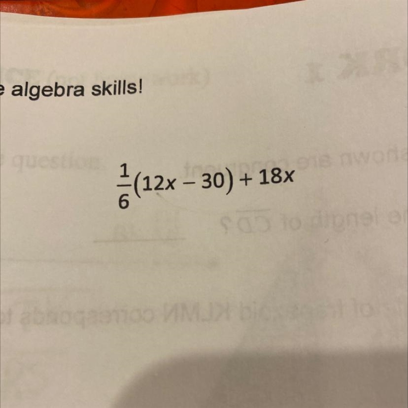 Simplify the expression 1/6(12x-30)+18x-example-1