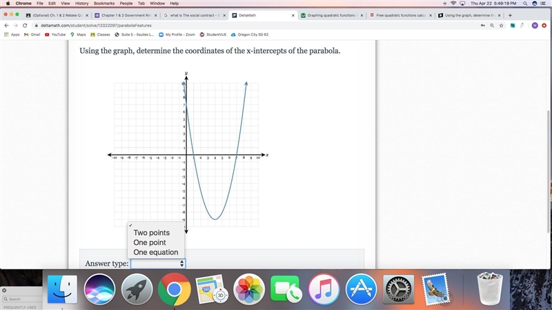 Using the graph, determine the coordinates of the x-intercepts of the parabola.-example-1