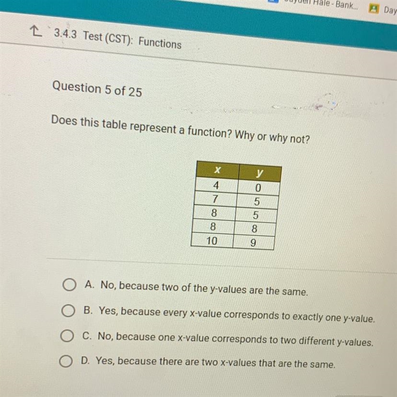 Does this table represent a function? Why or why not? х 4 7 8 8 10 y 0 5 5 8 9 A. No-example-1