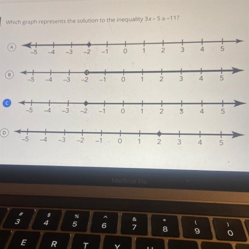 Which graph represents the solution to the inequality 3x - 5 2 -11?-example-1