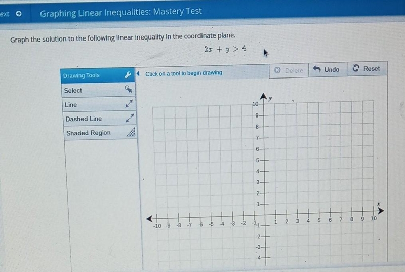 I'm in the test and need help please Graph the solution to the following linear Inequality-example-1