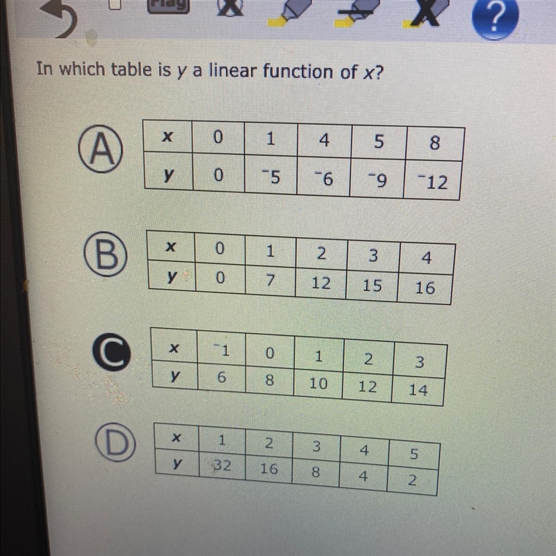 In which table is y a linear function of x-example-1