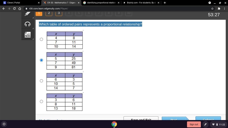 Which table of ordered pairs represents a proportional relationship?-example-1