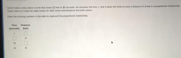Grant reads a story about a turtle that swam 25 feet in 40 seconds. He assumes the-example-1