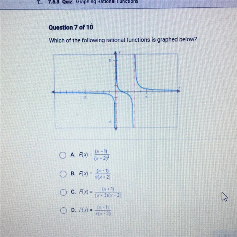 Which of the following rational functions is graphed below?-example-1