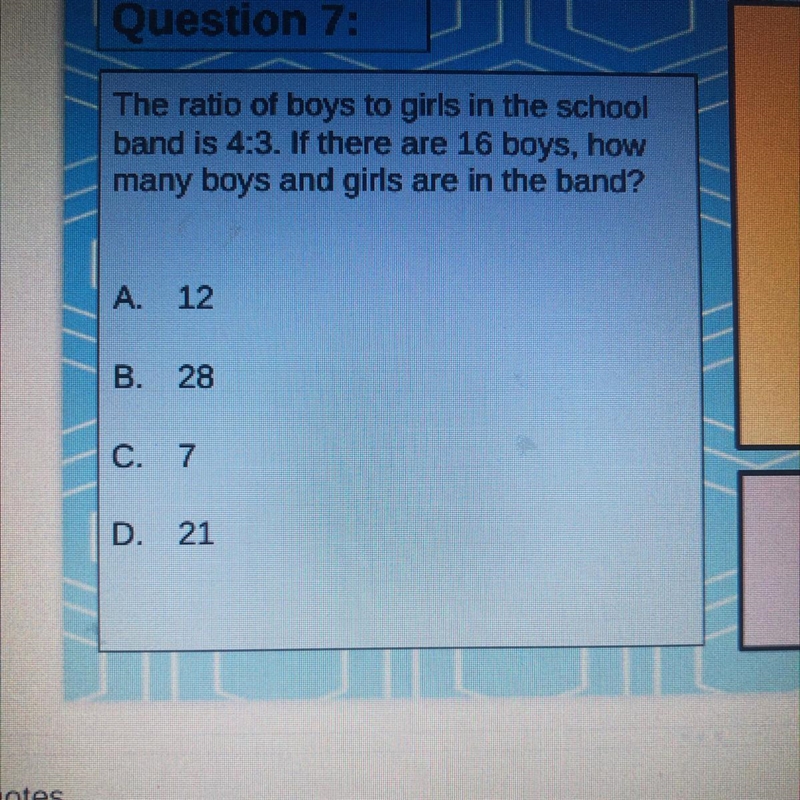 The ratio of boys to girls in the school band is 4:3. If there are 16 boys, how many-example-1