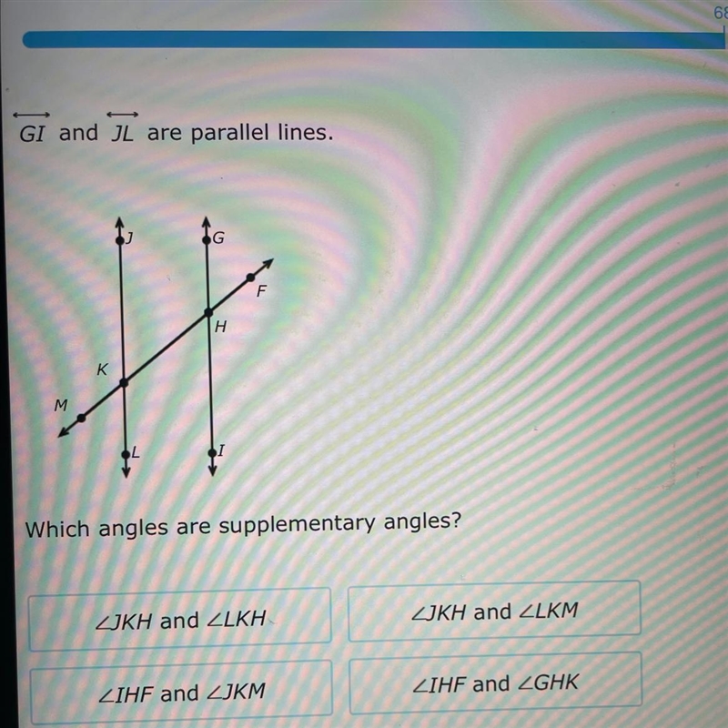 GI and JL are parallel lines. Which angles are supplementary angles?-example-1