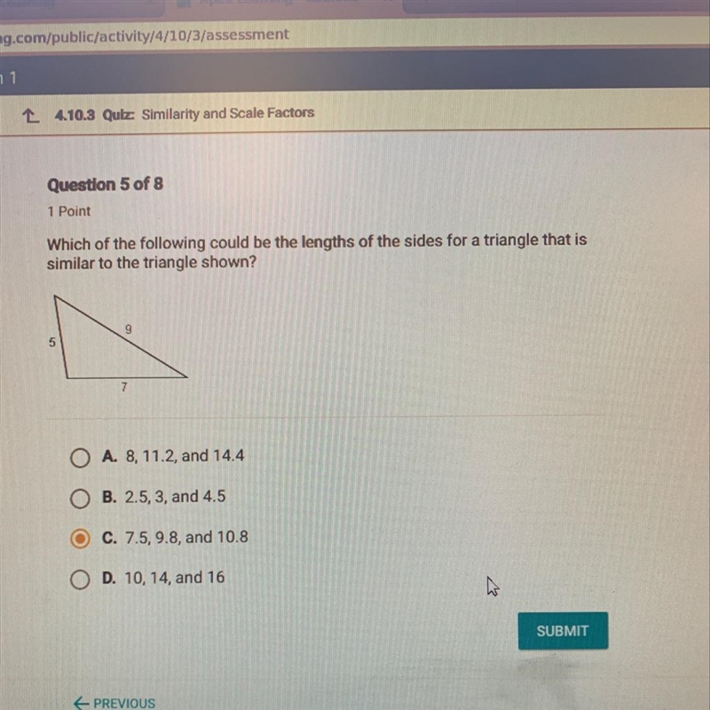 Which of the following could be the lengths of the sides for a triangle that is similar-example-1