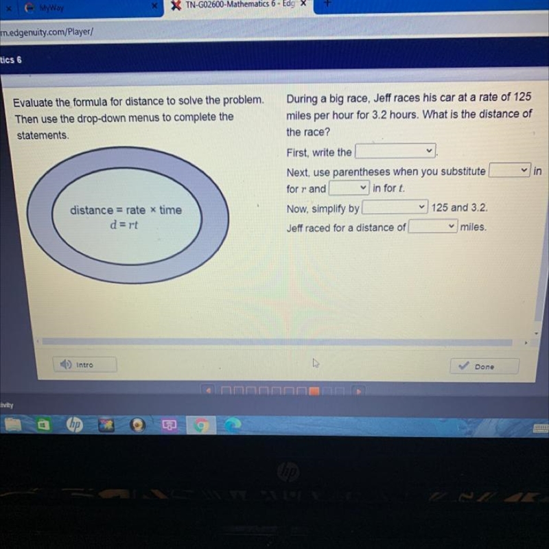 Evaluate the formula for distance to solve the problem. Then use the drop-down menus-example-1