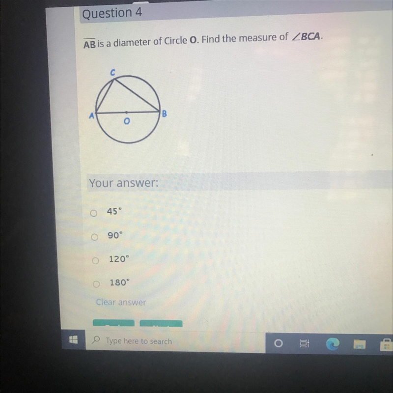 AB is a diameter of Circle O. Find the measure of BCA-example-1