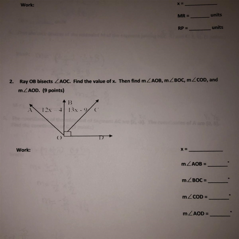 Ray OB bisects ** 12x-4 // 13x-9 is what is between the lines!-example-1