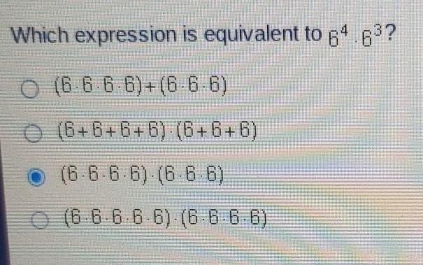 Which expression is equivalent to 6^4x6^3 ​-example-1