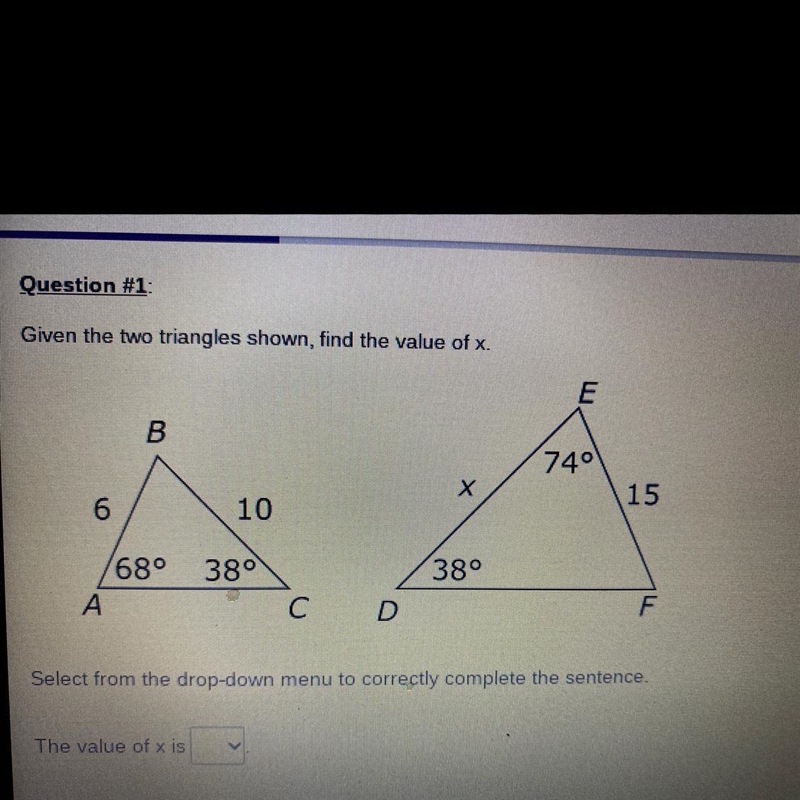 Given the two triangles shown, find the value of x.-example-1