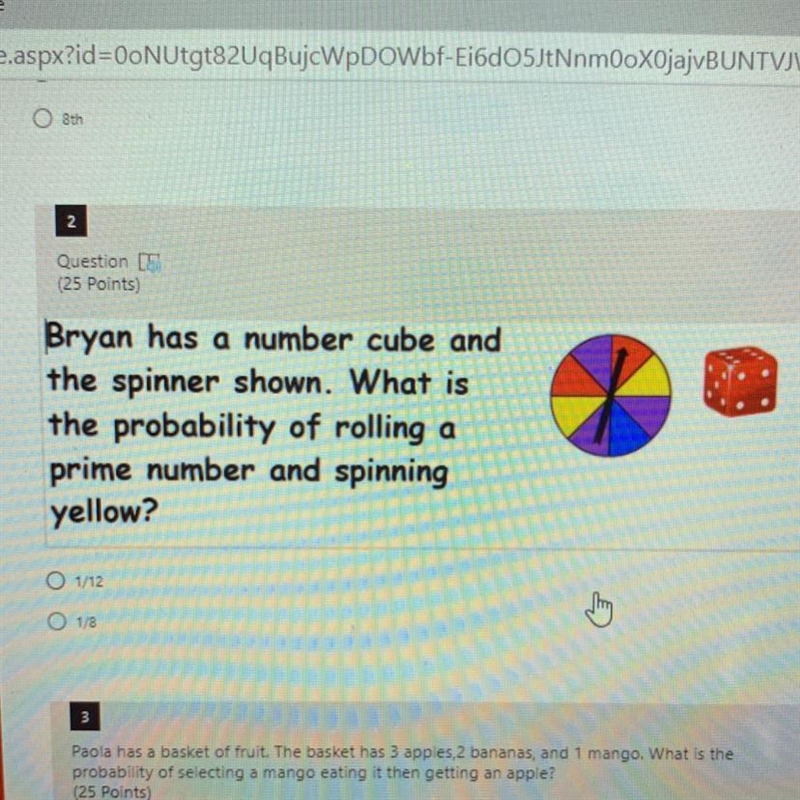 Bryan has a number cube and the spinner shown. What is the probability of rolling-example-1