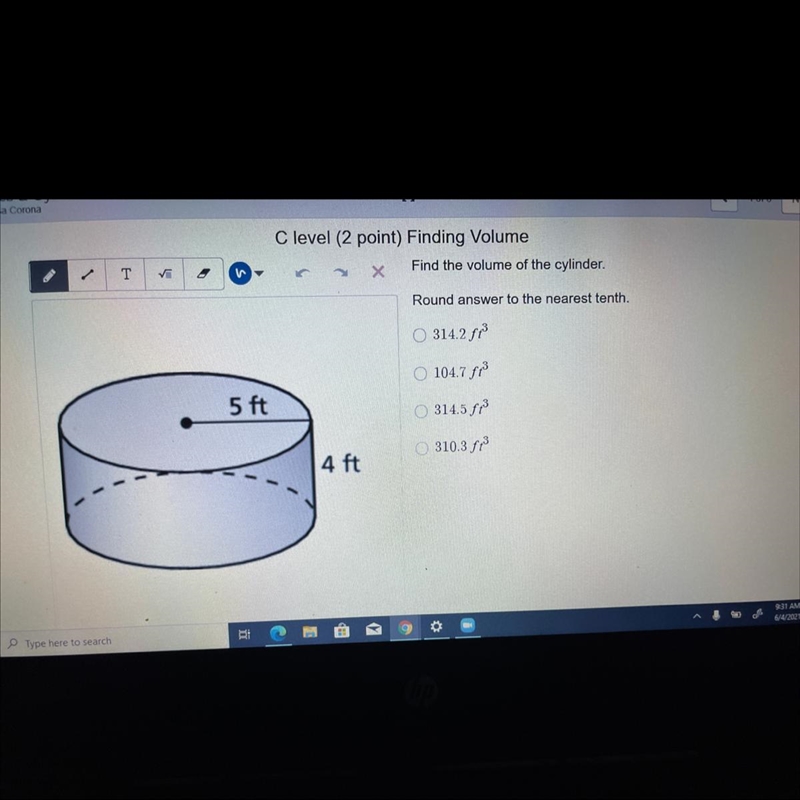 NEED HELP ASAP! find the volume of the cylinder-example-1