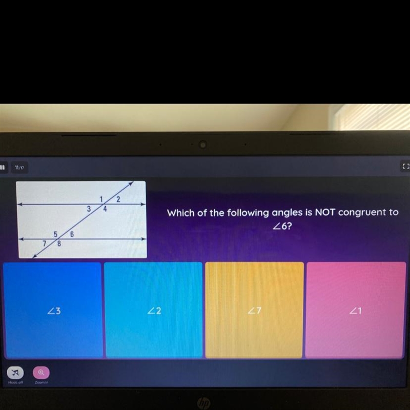 Which of the following angles is NOT congruent to 6? 3 2 7 1-example-1