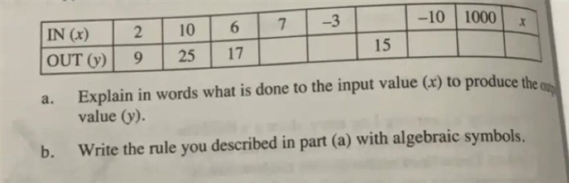 IN (3) 2 10 6 7 -3 -10 1000 15 OUT (9) 9 25 17 a. Explain in words what is done to-example-1