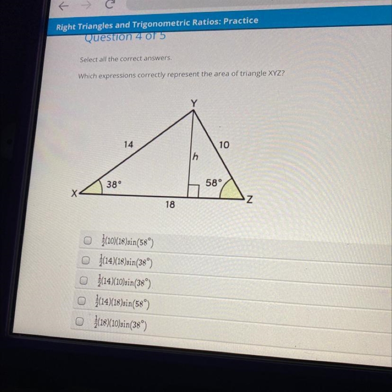 Which expressions correctly represent the area of the triangle XYZ?-example-1