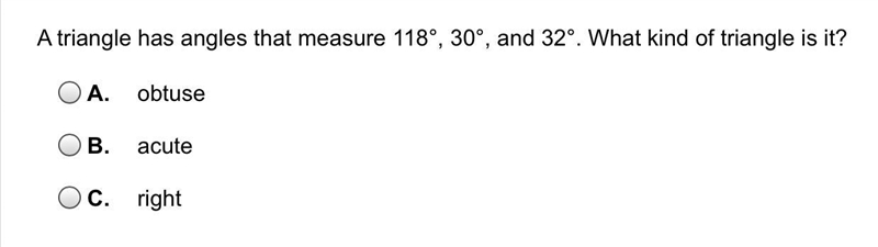 A triangle has angles that measure 118°, 30°, and 32°.-example-1