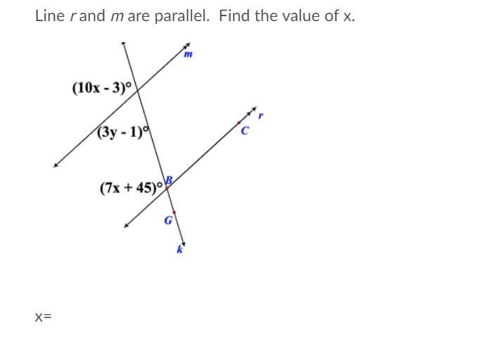 Line r and m are parallel. Find the value of x.-example-1