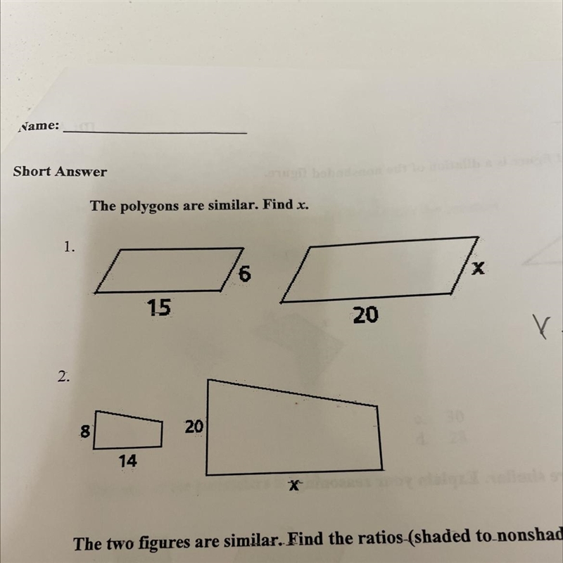 The polygons are similar. Find x. i need #1 and 2 lol please-example-1