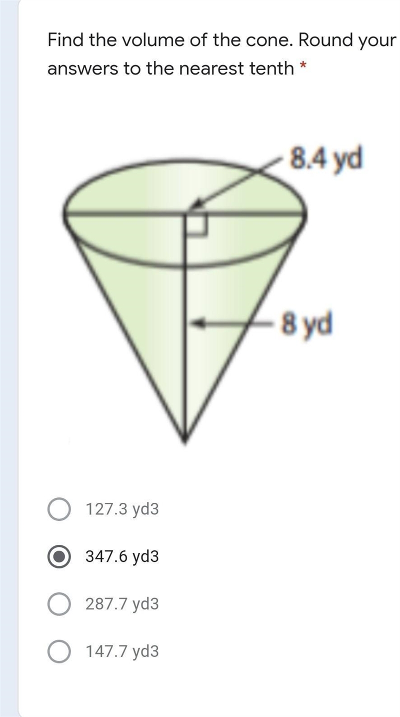 Find the volume of the cone. Round your answers to the nearest tenth with radius 8.4 and-example-1