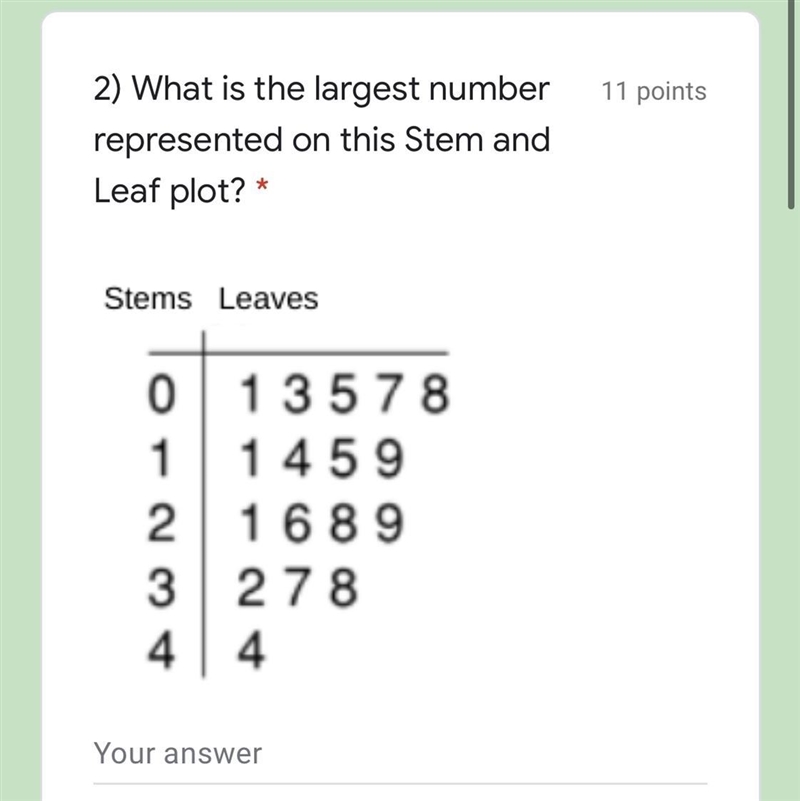 PLEASE HELP! What is the largest number represented on the stem and leaf plot ?-example-1