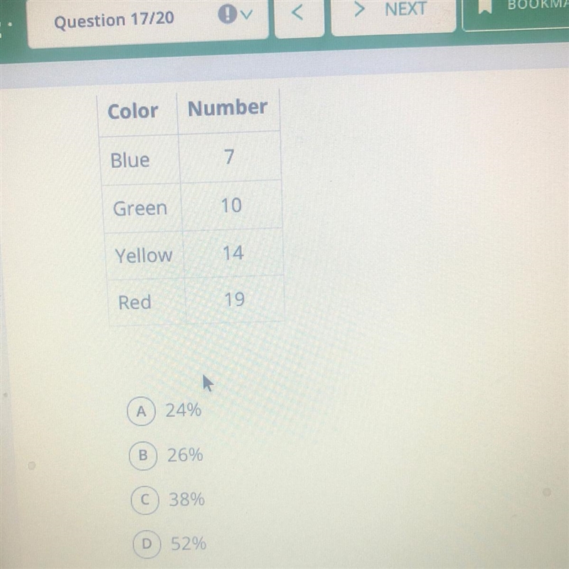 This table shows the number of marbles in a bag by color. If one marble is randomly-example-1