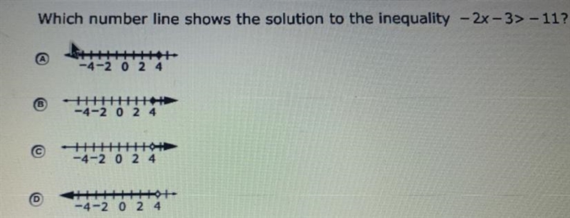 Which number line shows the solution to the inequality -2x - -3 > -11-example-1