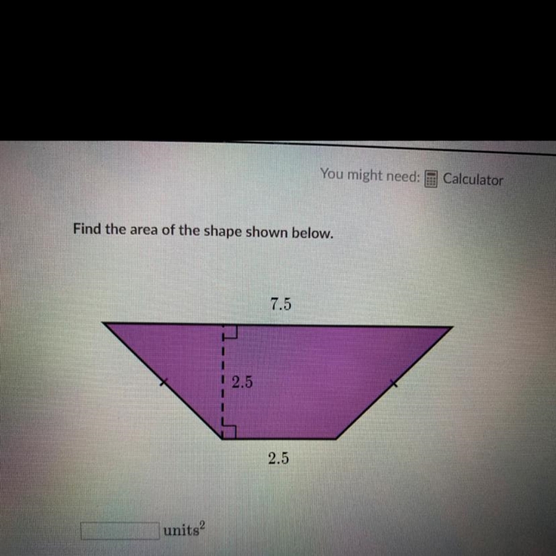 Find the area of the shape shown below.-example-1