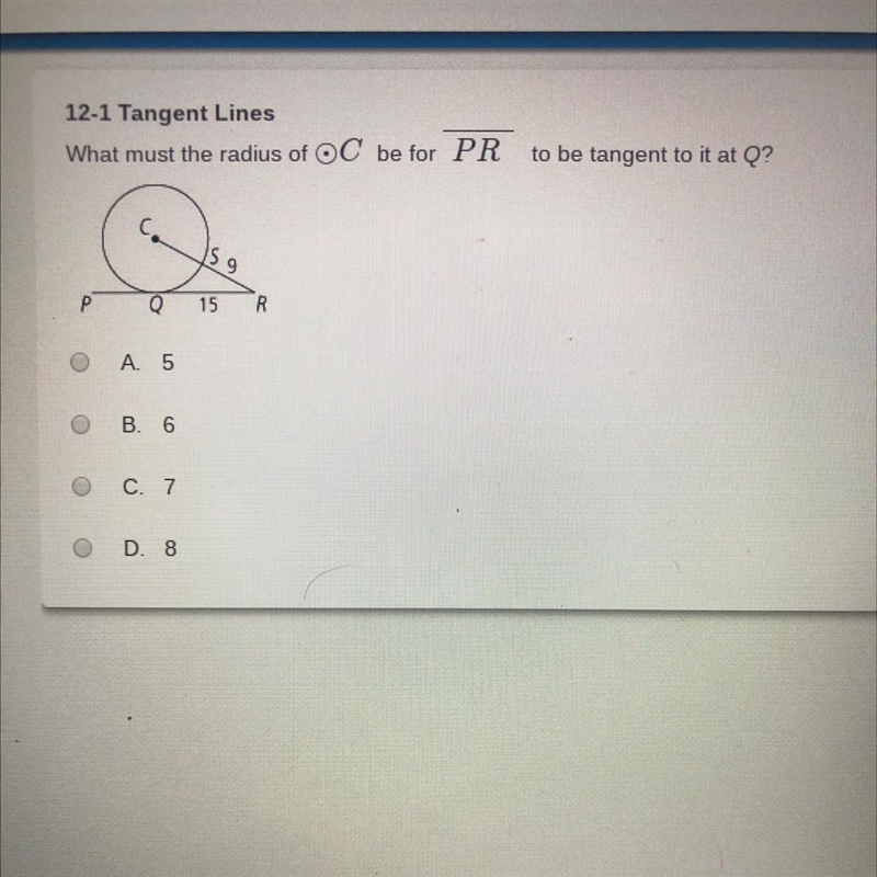 What must the radius of C be for PR to be tangent to it at Q?-example-1