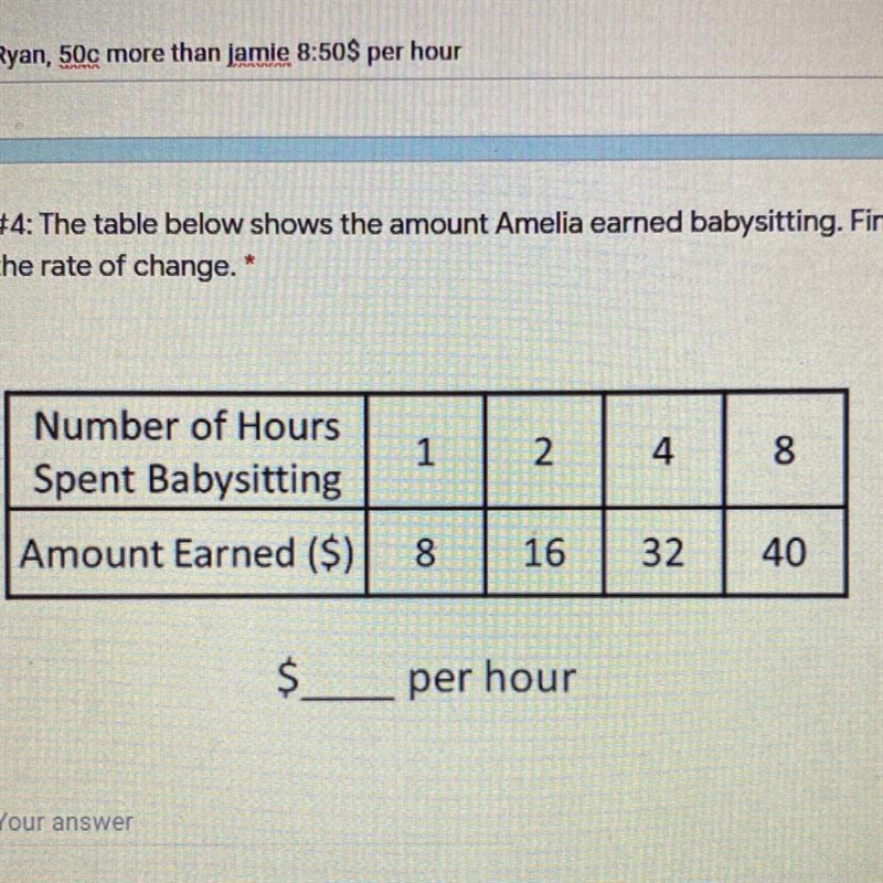 The table below shows the amount Amelia earned babysitting. Find the rate of change-example-1