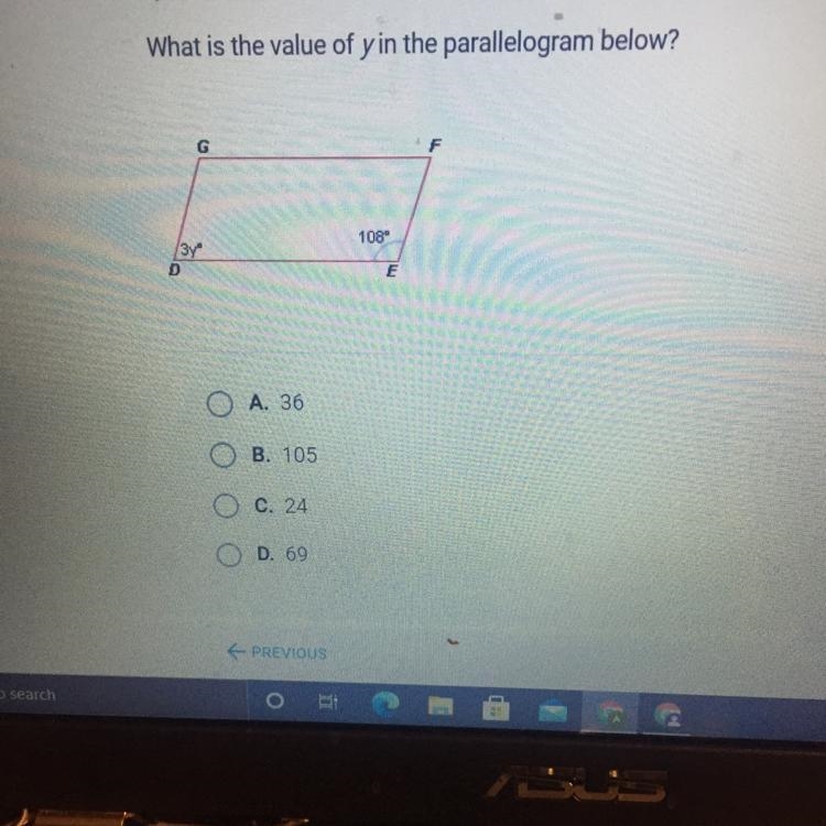 What is the value of y in the parallelogram below? G 108 3y D E-example-1