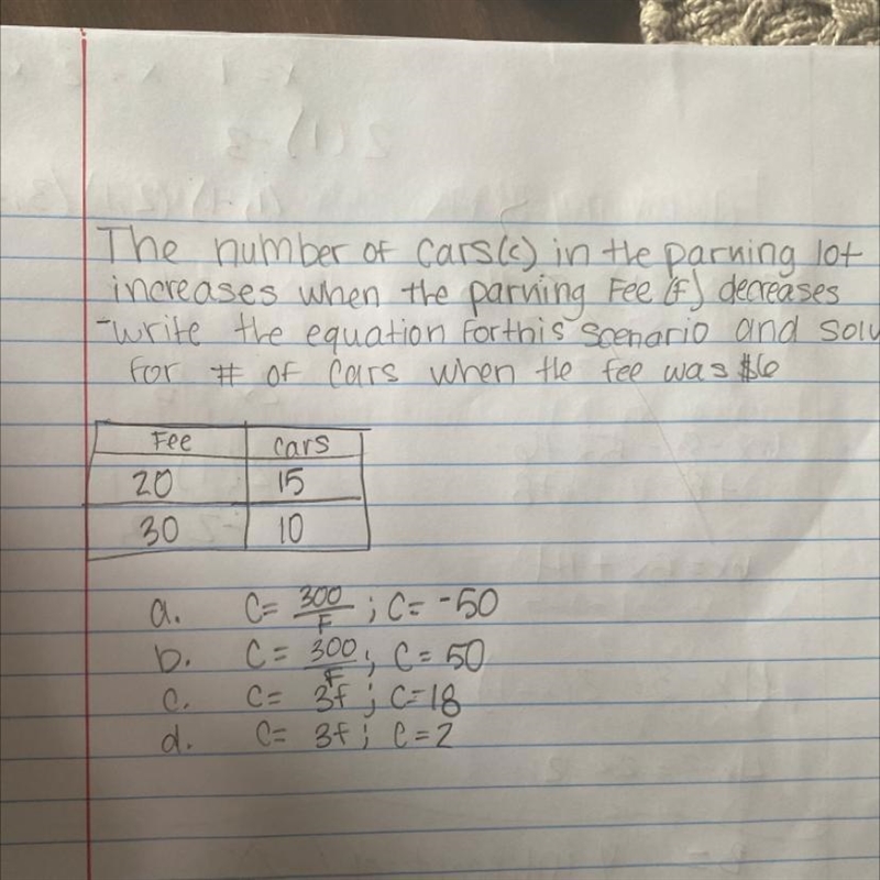 The number of cars (c) in a parking lot increases when the parking lot fee (f) decreases-example-1