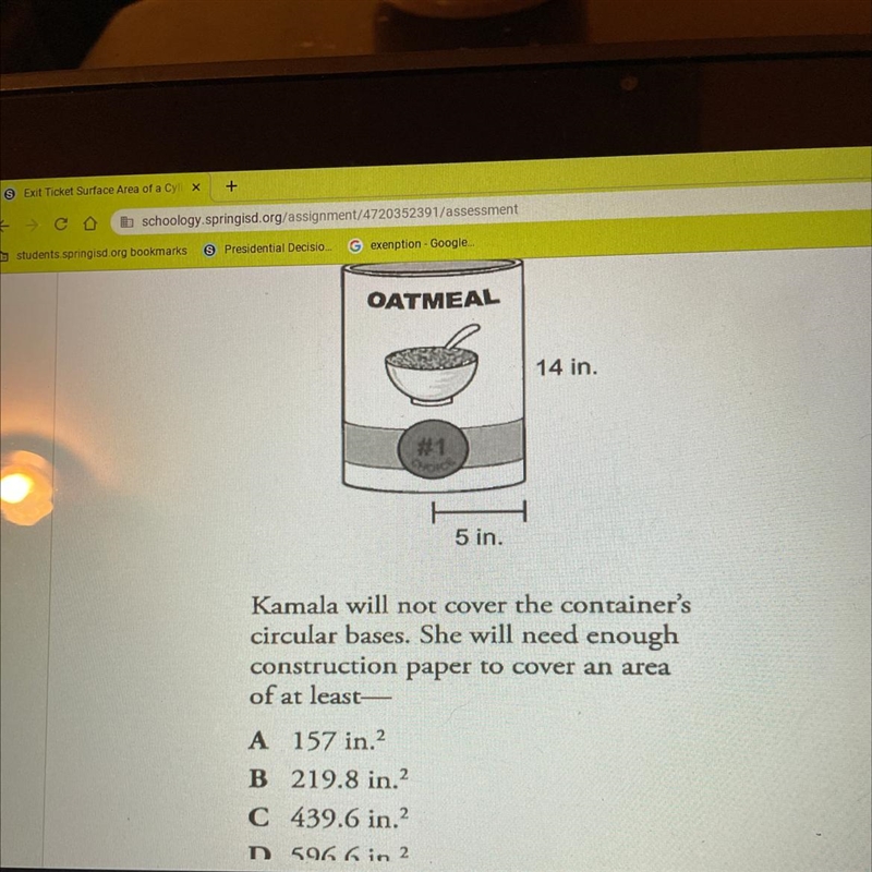 In the diagram below. OATMEAL 14 in. 5 in. Kamala will not cover the container's circular-example-1