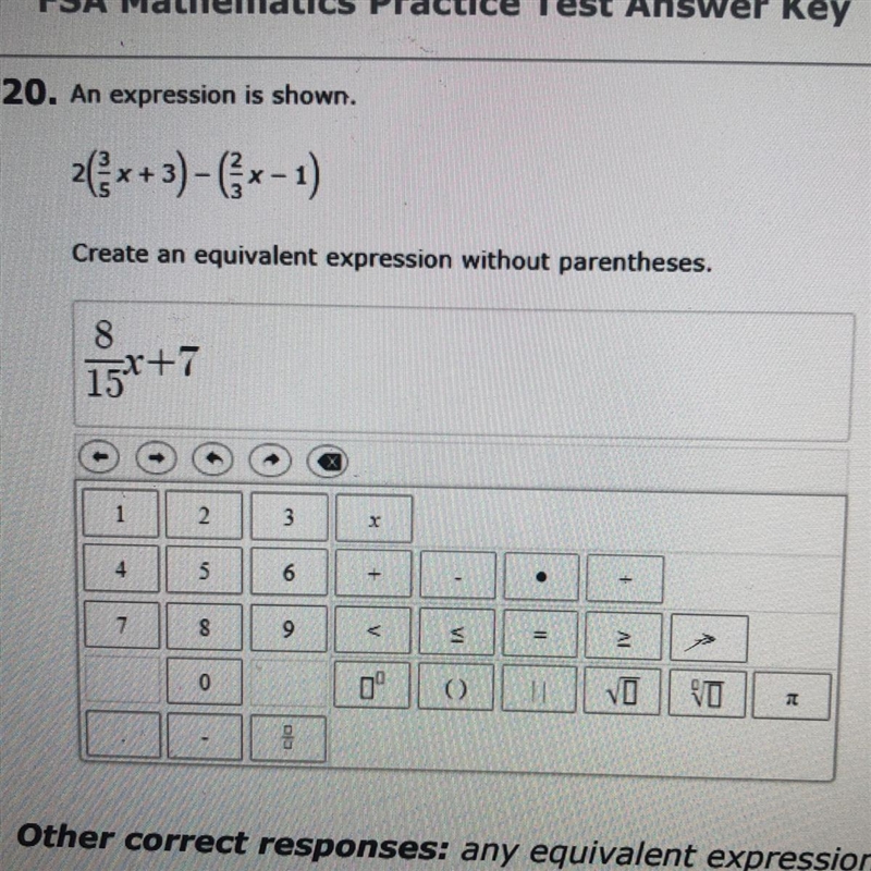 20. An expression is shown. 2(x+3) - (x-1) Create an equivalent expression without-example-1