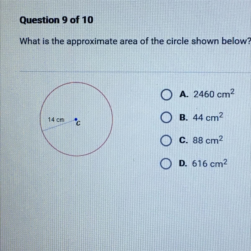 What is the approximate area of the circle shown below-example-1